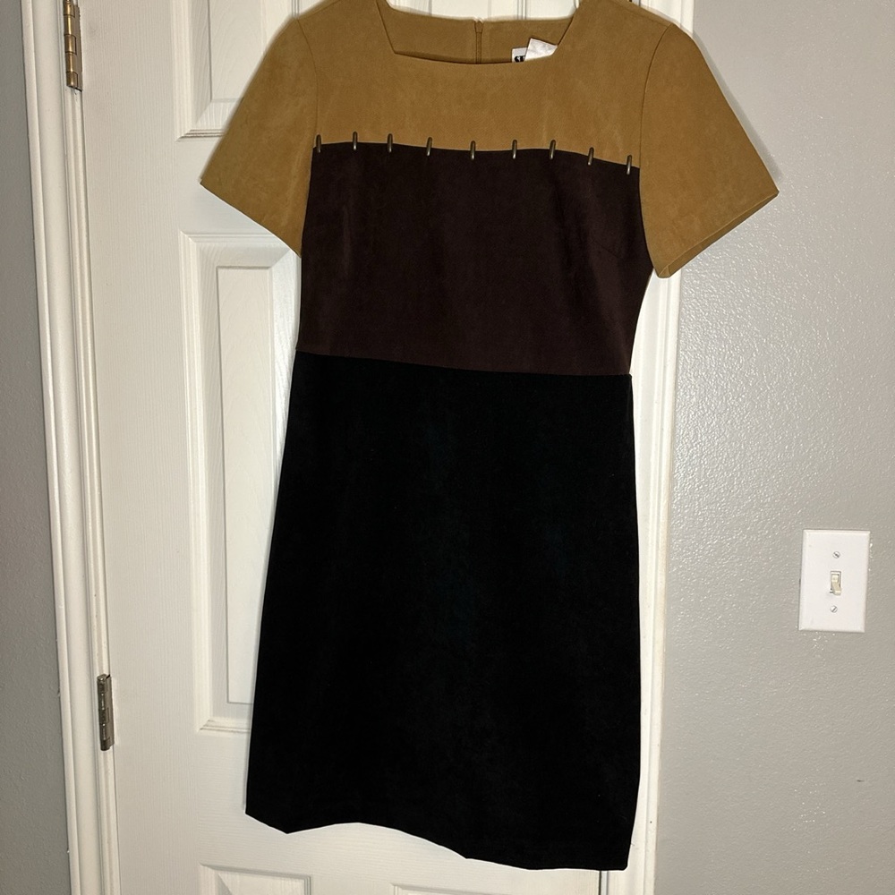 Studio I Petite Colorblock Faux Suede Dress Tan Brown Black Size 6P 34338P